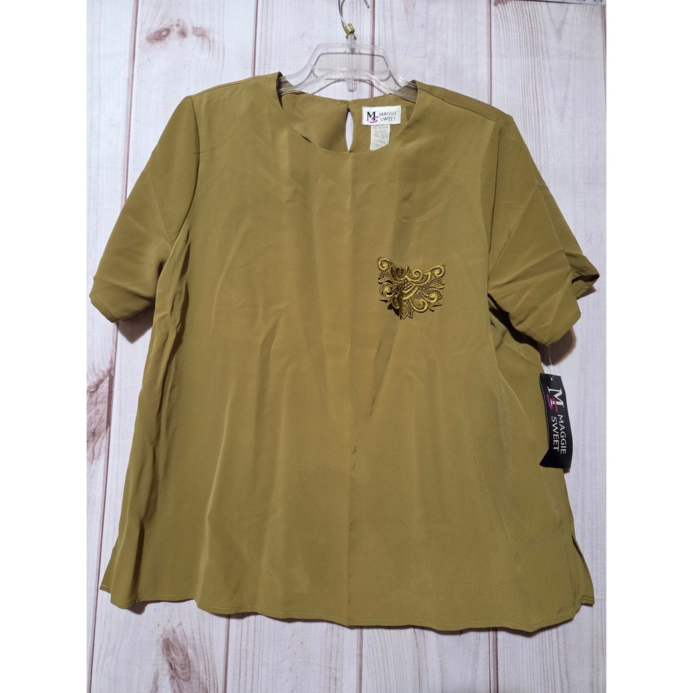 Maggie Sweet Womens‎ 1X Blouse Olive Green Embroidered Applique Short Sleeve Top